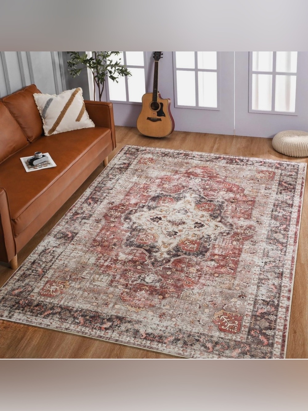 Boho Washable Area Rug 4x6, Rust Red Vintage Non Slip Area Rug